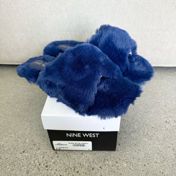 Nine West Dark Blue Cross Fur Slide Slippers - Picture 6 of 7